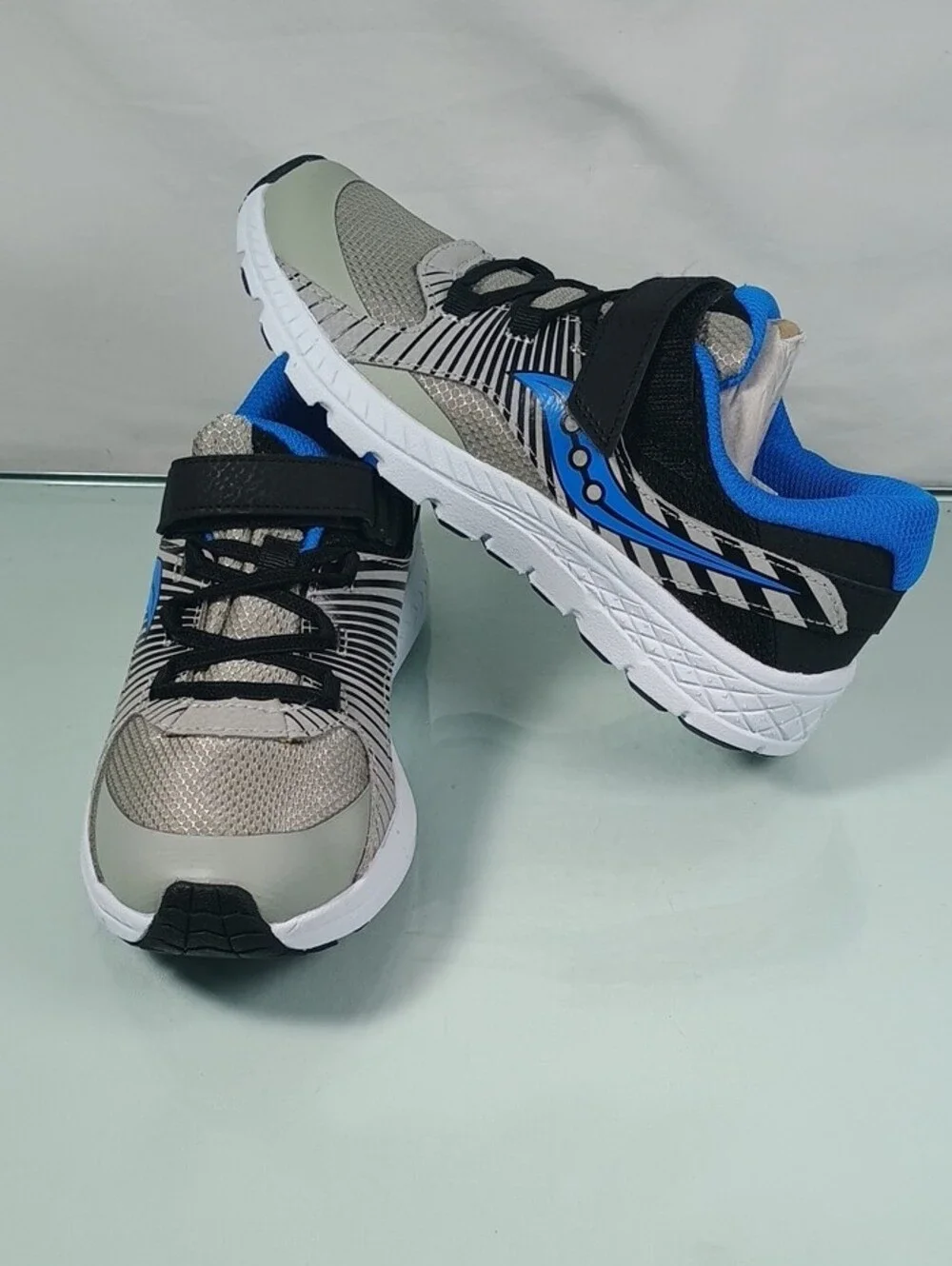 Saucony Gray and Blue Kids Athletic Sneakers with Hook-and-Loop Strap